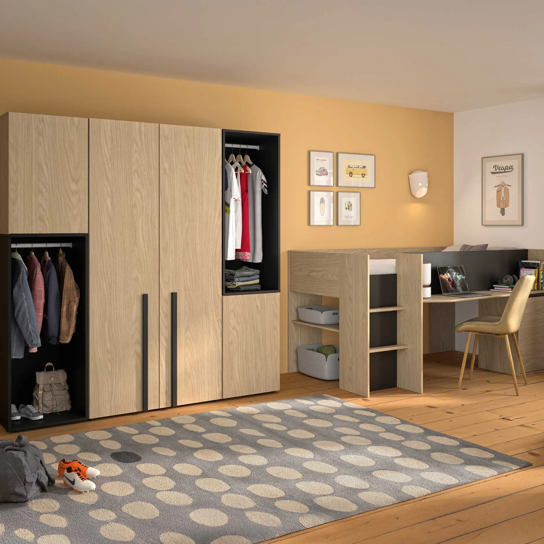 Jugendzimmer Nael: halbhohes Bett 90x200, Schränke - Eiche Dekor/schwarz