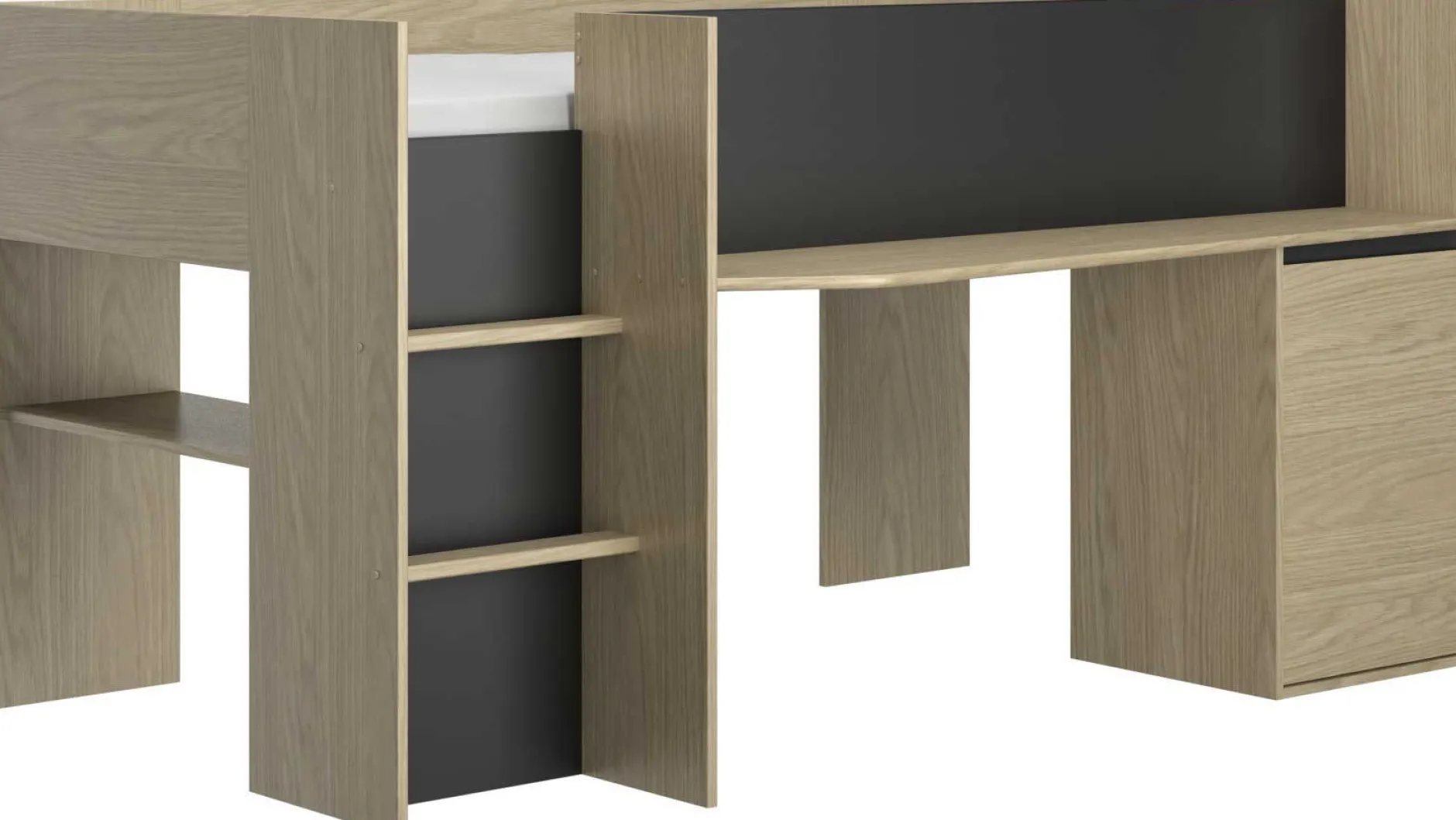 Jugendzimmer Nael: halbhohes Bett 90x200, Schränke - Eiche Dekor/schwarz