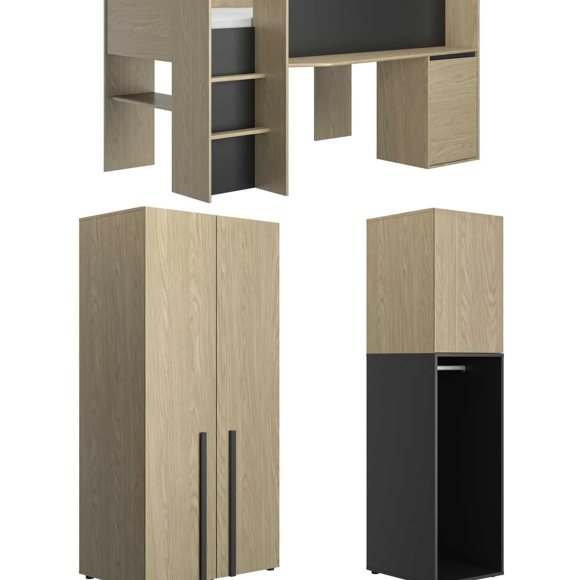 Jugendzimmer Nael: halbhohes Bett 90x200, Schränke - Eiche Dekor/schwarz
