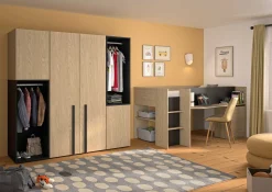 Jugendzimmer Nael: halbhohes Bett 90x200, Schränke - Eiche Dekor/schwarz