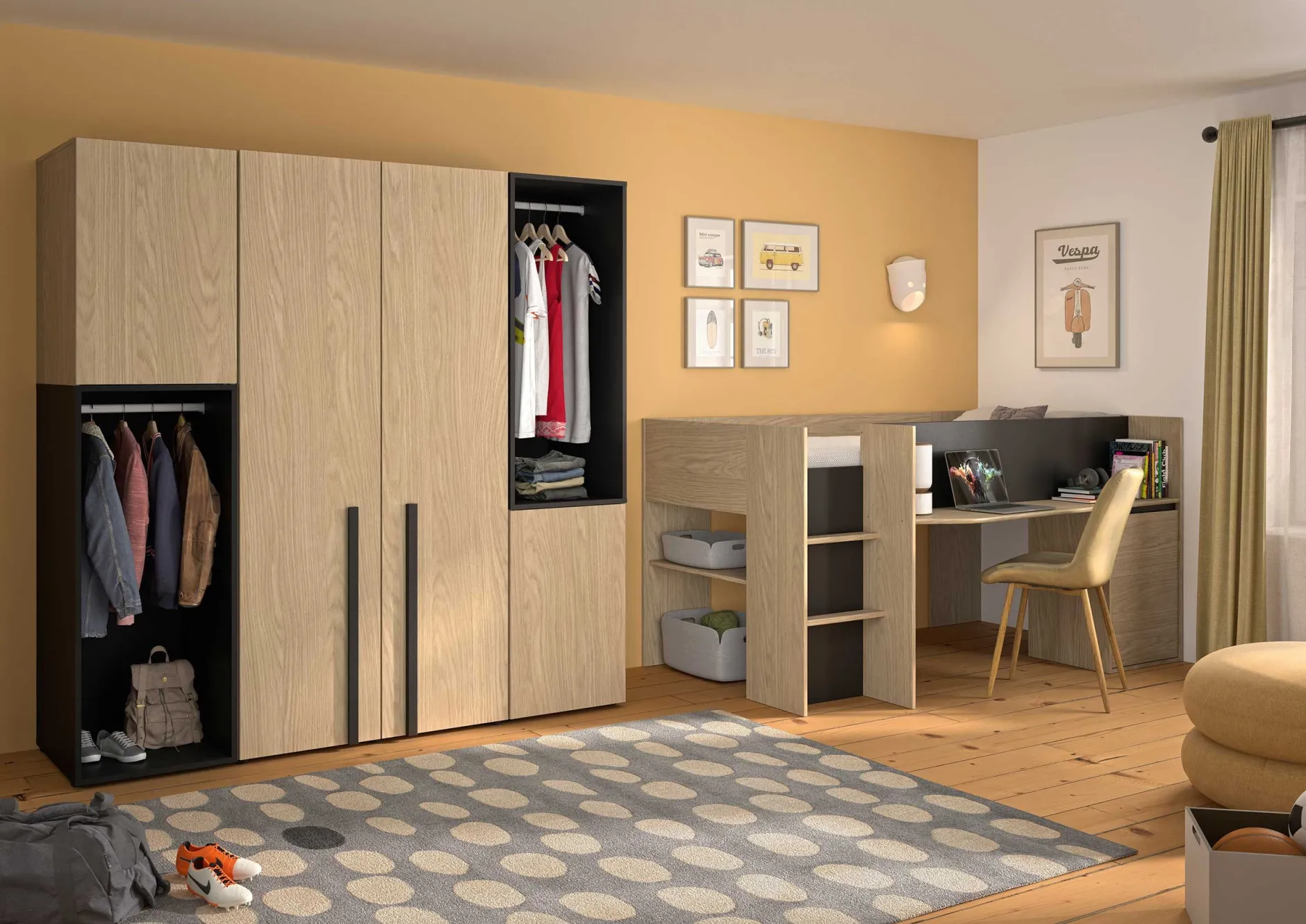 Jugendzimmer Nael: halbhohes Bett 90x200, Schränke - Eiche Dekor/schwarz