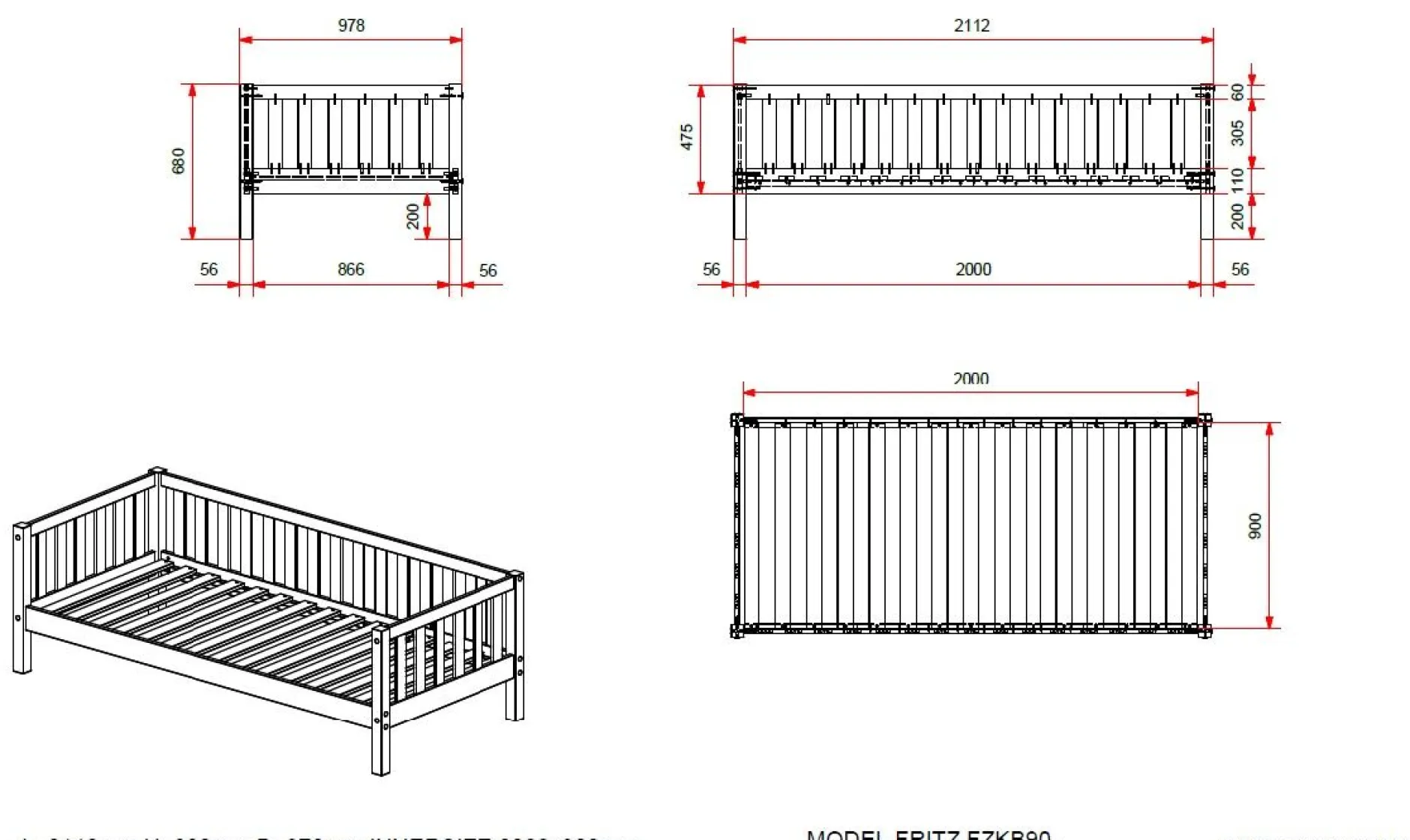 Kabinenbett Friedrich 90x200 mit Bettkasten Kiefer - weiß