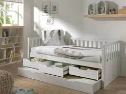Kabinenbett Friedrich 90x200 mit 3 Schubladen und Unterbett aus Kiefer - weiß