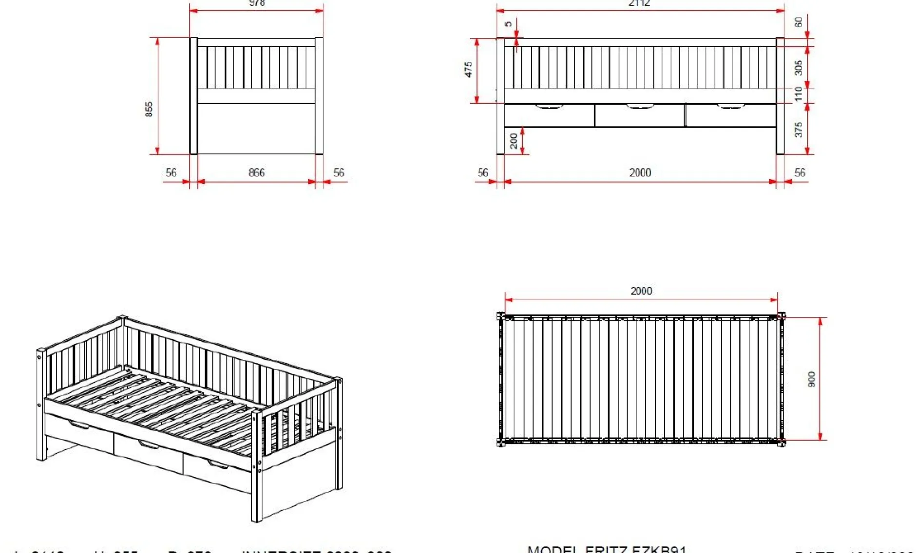 Kabinenbett Friedrich 90x200 mit 3 Schubladen und Unterbett aus Kiefer - weiß