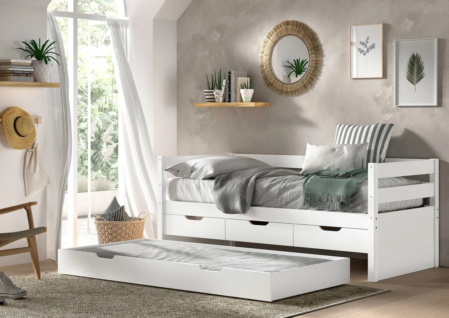 Kabinenbett Maggie - mit 3 Stauraumschubladen und Bettkasten - 90 x 200 - Kiefer massiv - weiß