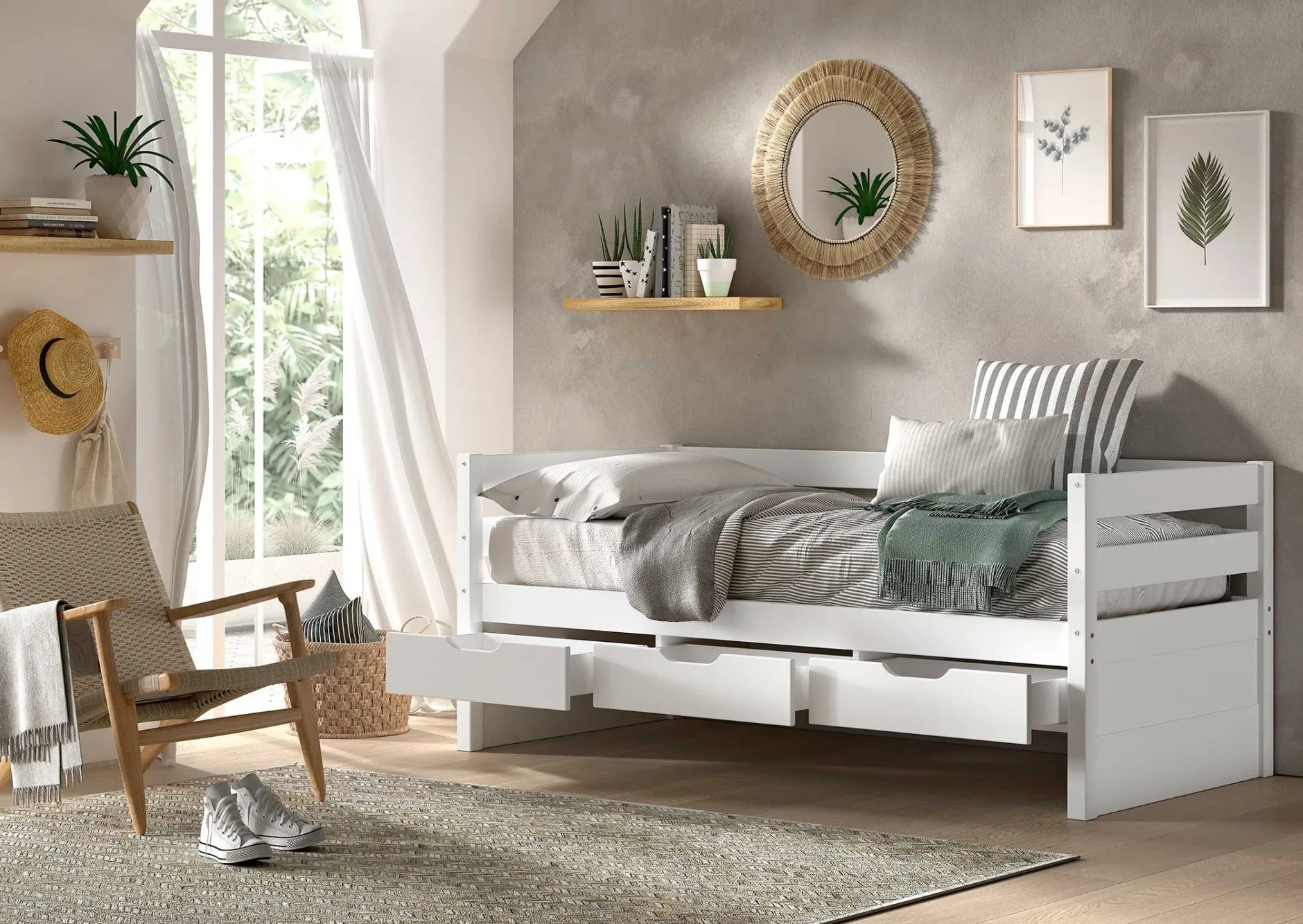 Kabinenbett Maggie - mit 3 Stauraumschubladen und Bettkasten - 90 x 200 - Kiefer massiv - weiß