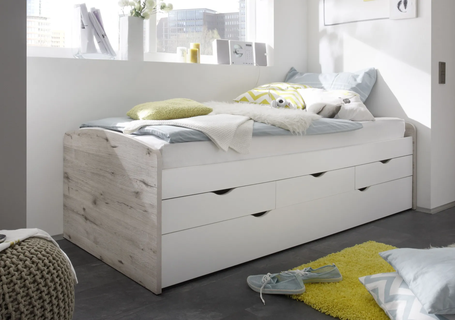 Kabinenbett Nasri 90x200 mit Bettkasten - Sandeiche/Weiß