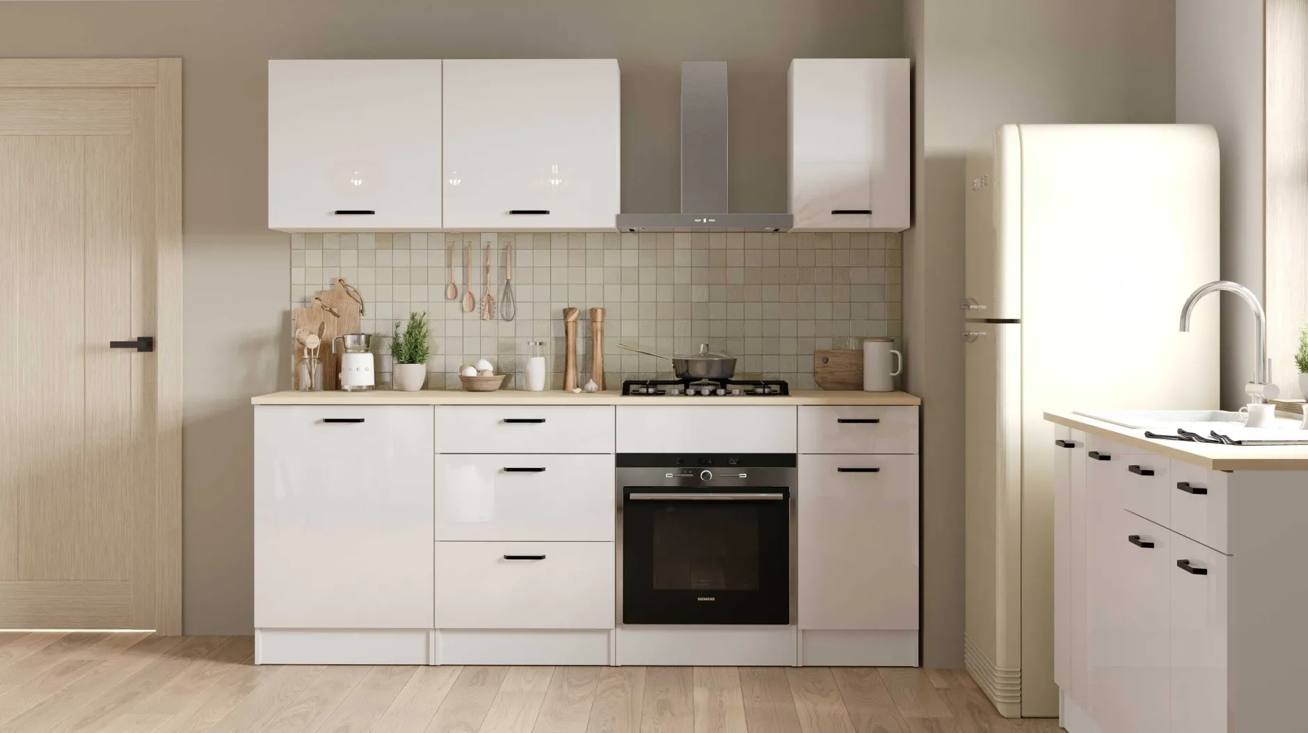 Küchenschrank Bianco - 80x60x90cm - 2 Türen und 2 Schubladen - Hochglanz weiß
