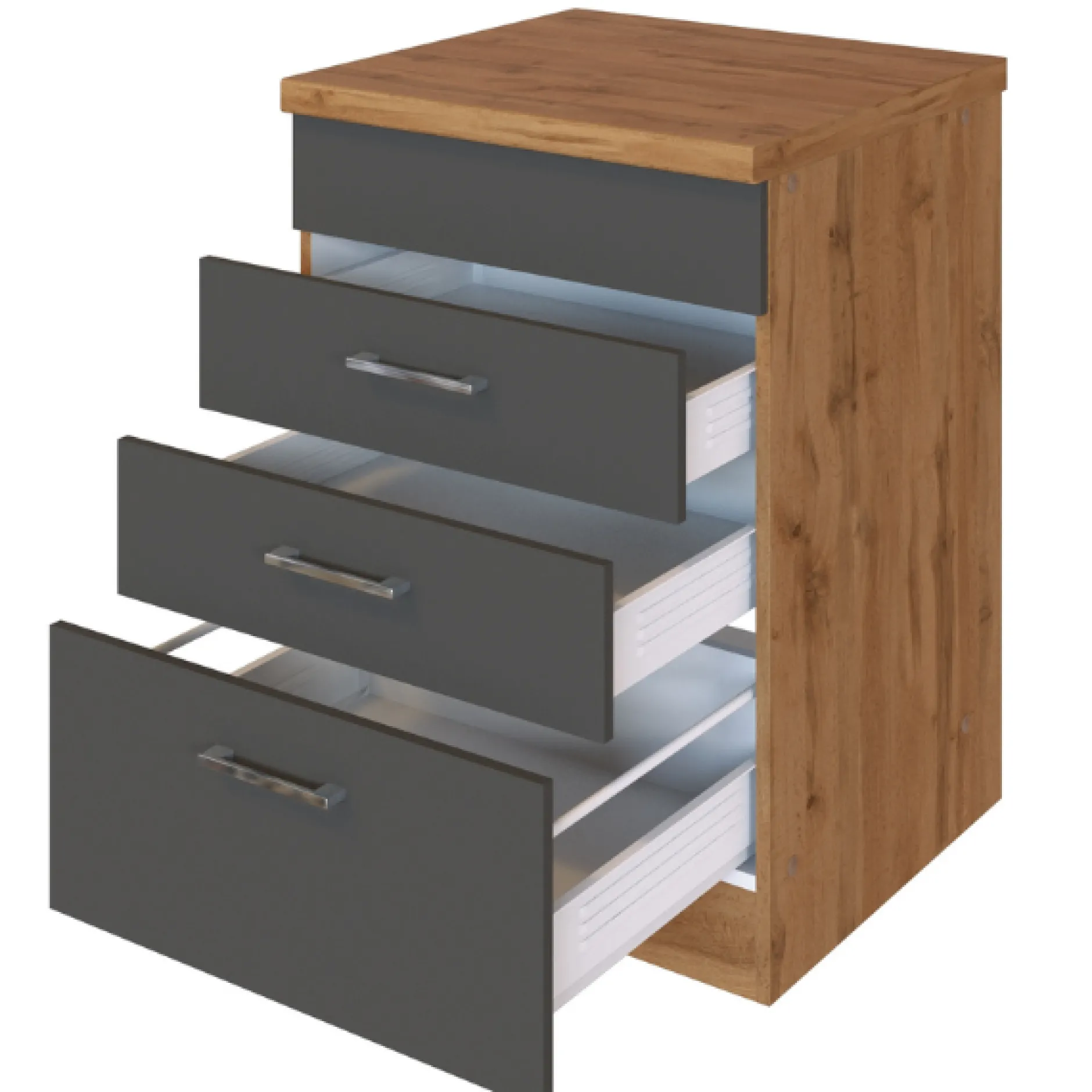 Küchenschrank für Kochplatte Sorrella 3 Schubladen - Anthrazit/Eiche.