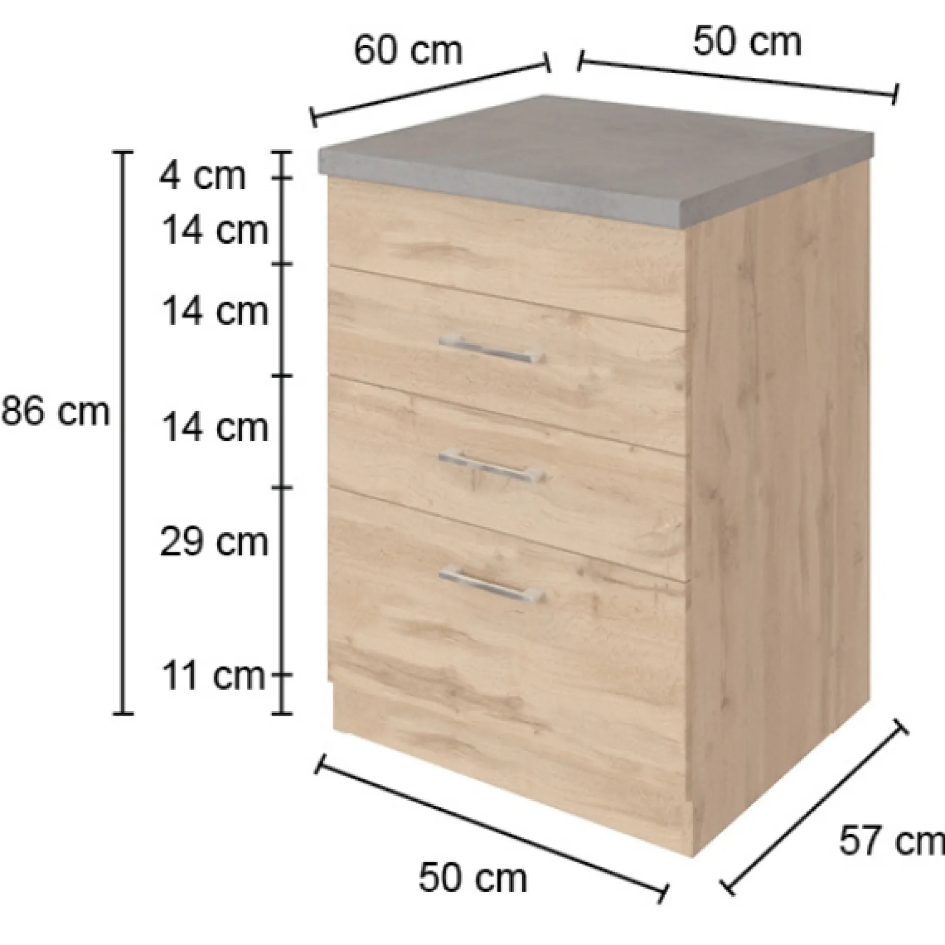 Küchenschrank Sorrella 50cm 3 Schubladen - Eiche/Graphit