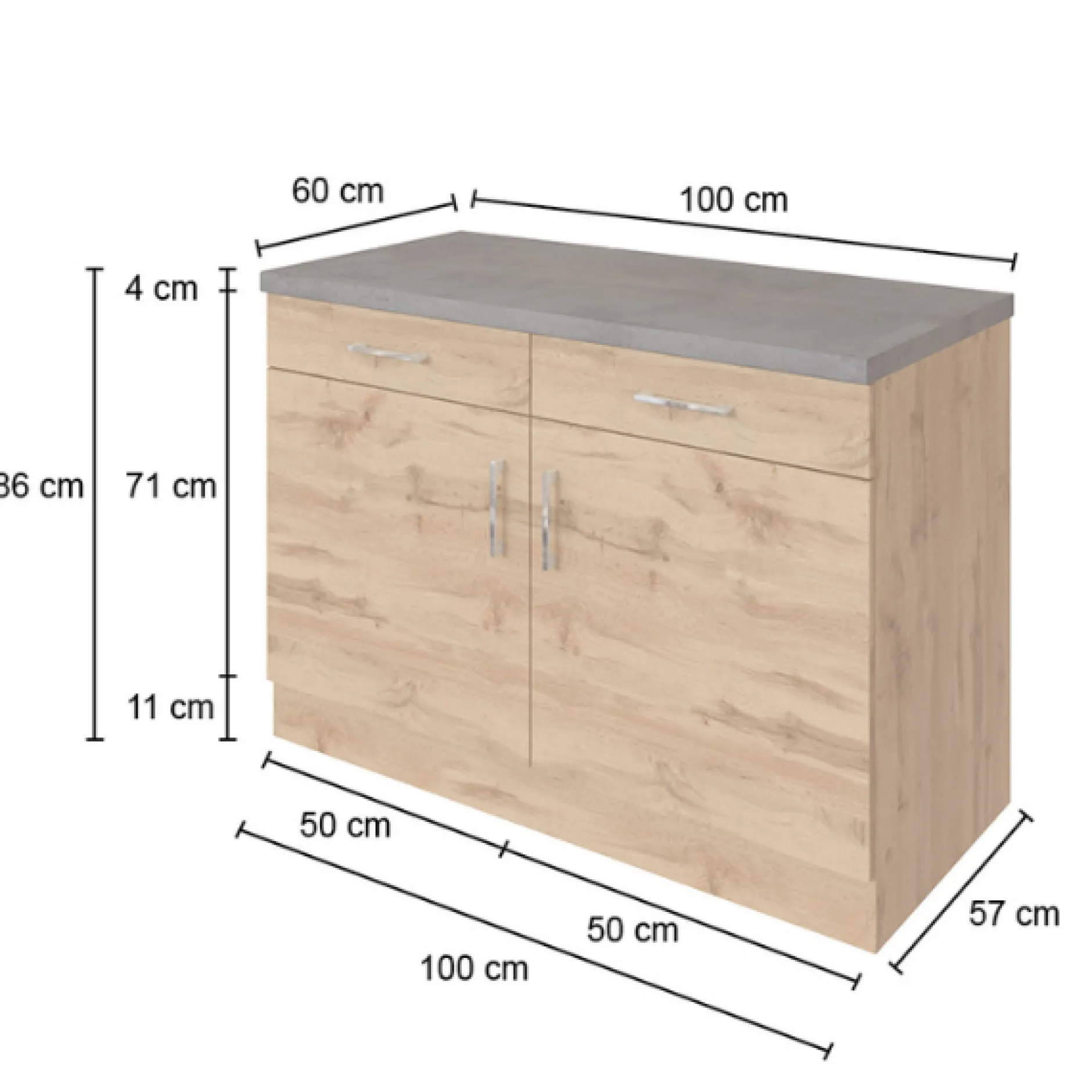 Küchenschrank Sorrella 100cm 2 Türen und 2 Schubladen - Anthrazit/Eiche