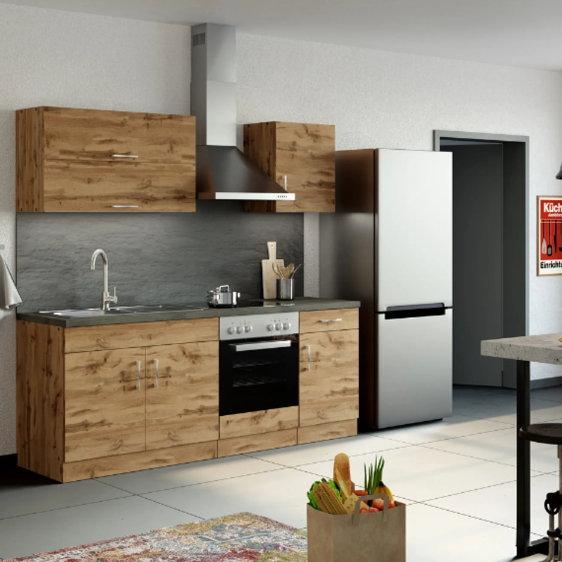 Küchenschrank Sorrella 50cm 1 Tür und 1 Schublade - Eiche/Beton