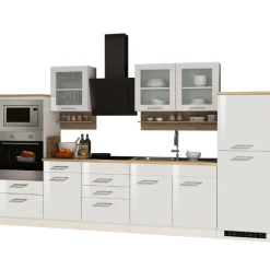 Küchenset Mailand | Induktionskochfeld, Mikrowelle, Backofen, Dunstabzugshaube, Kühlschrank, Spüle | High Glossy White