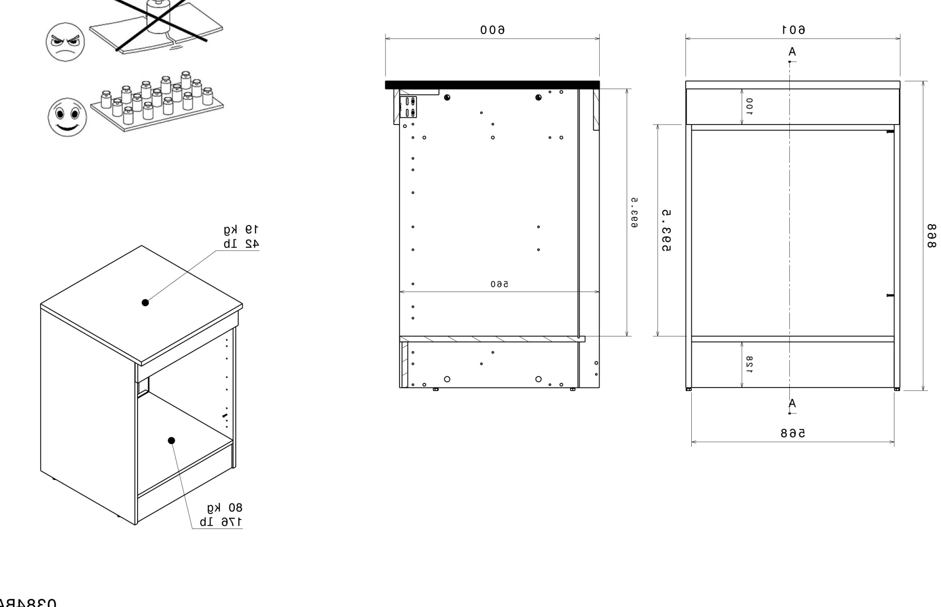 Küchenunterschrank Anna - 60x60x87cm - für Backofen oder Geschirrspüler - Eiche schwarz Dekor/weißer Stein