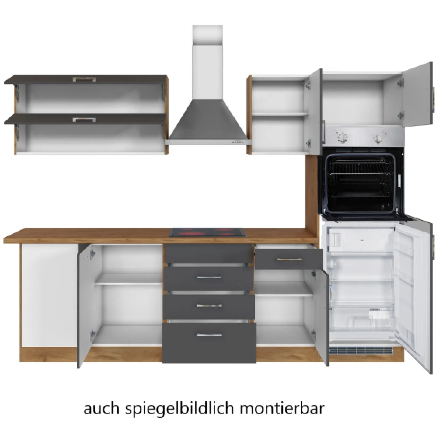 Küchenzeile in L-Form Sorrella 270cm mit Backofen, Geschirrspüler und Kühlschrank - anthrazit/eiche