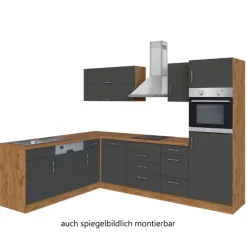 Küchenzeile in L-Form Sorrella 270cm mit Backofen, Geschirrspüler und Kühlschrank - anthrazit/eiche