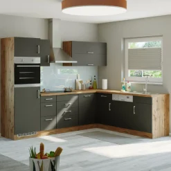 Küchenzeile in L-Form Sorrella 270cm mit Backofen, Geschirrspüler und Kühlschrank - anthrazit/eiche