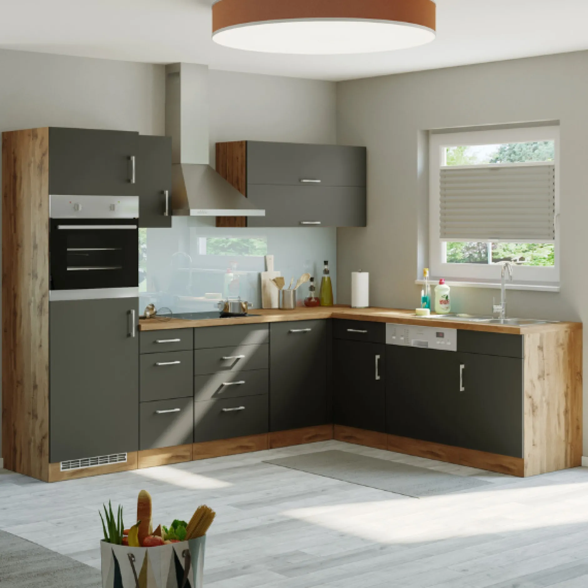 Küchenzeile in L-Form Sorrella 270cm mit Backofen, Geschirrspüler und Kühlschrank - anthrazit/eiche