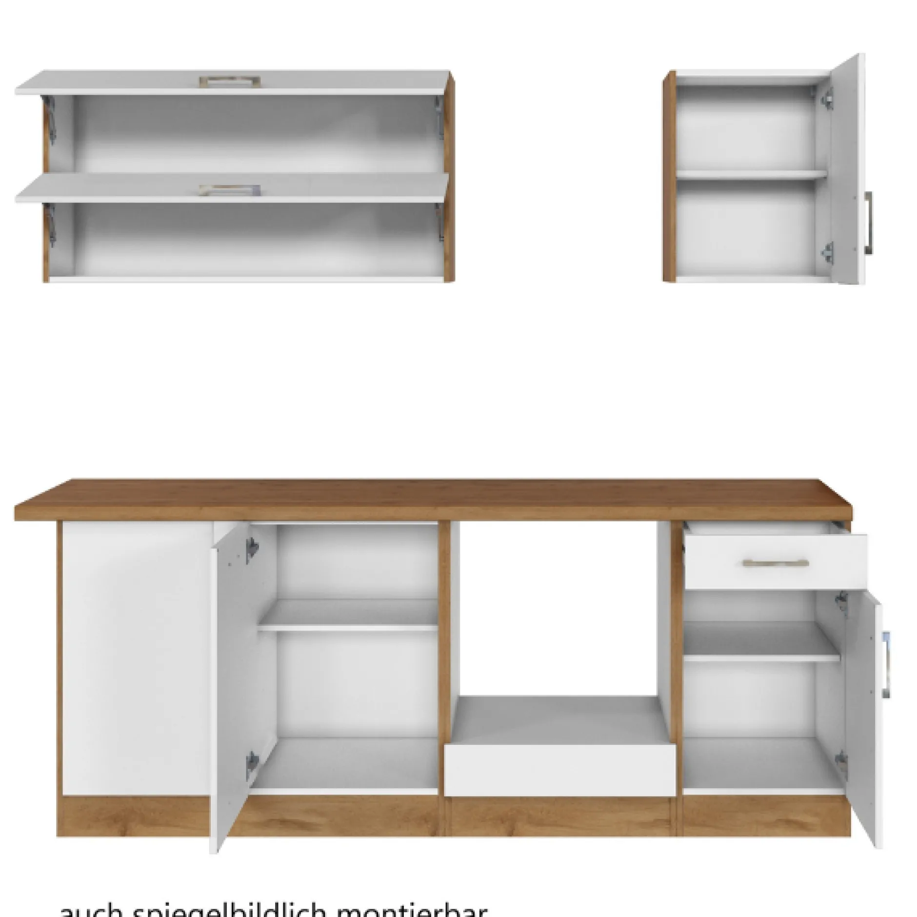Küchenzeile in L-Form Sorrella 210cm mit Platz für Backofen und Geschirrspüler - weiß/Eiche