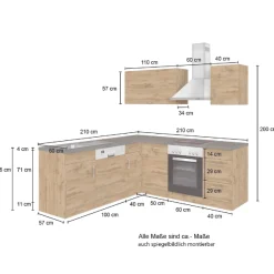 Küchenzeile in L-Form Sorrella 210cm mit Platz für Backofen und Geschirrspüler - weiß/Eiche
