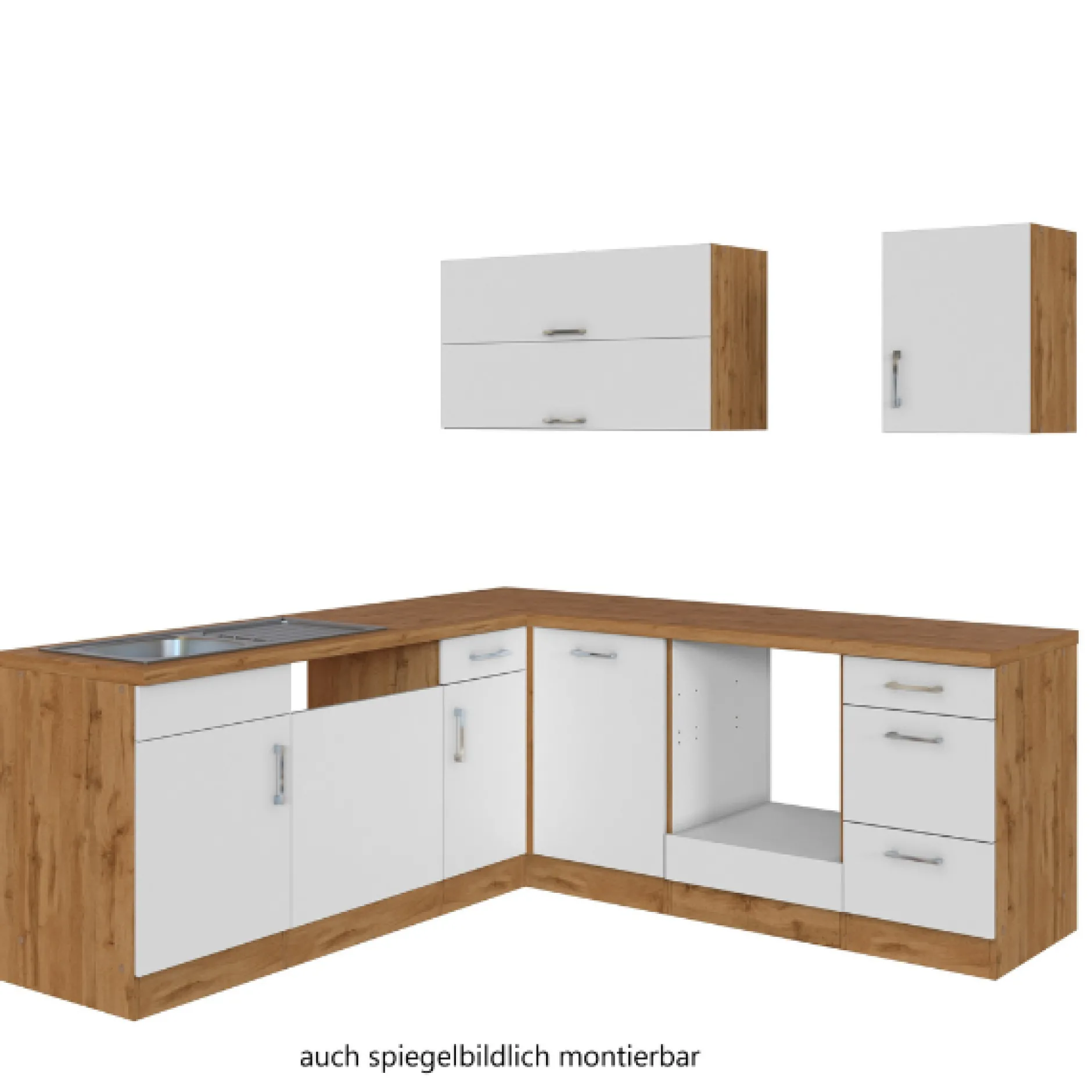 Küchenzeile in L-Form Sorrella 210cm mit Platz für Backofen und Geschirrspüler - weiß/Eiche