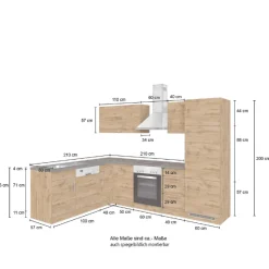 Küchenzeile in L-Form Sorrella 270cm mit Platz für Backofen, Geschirrspüler und Kühlschrank - weiß/Eiche