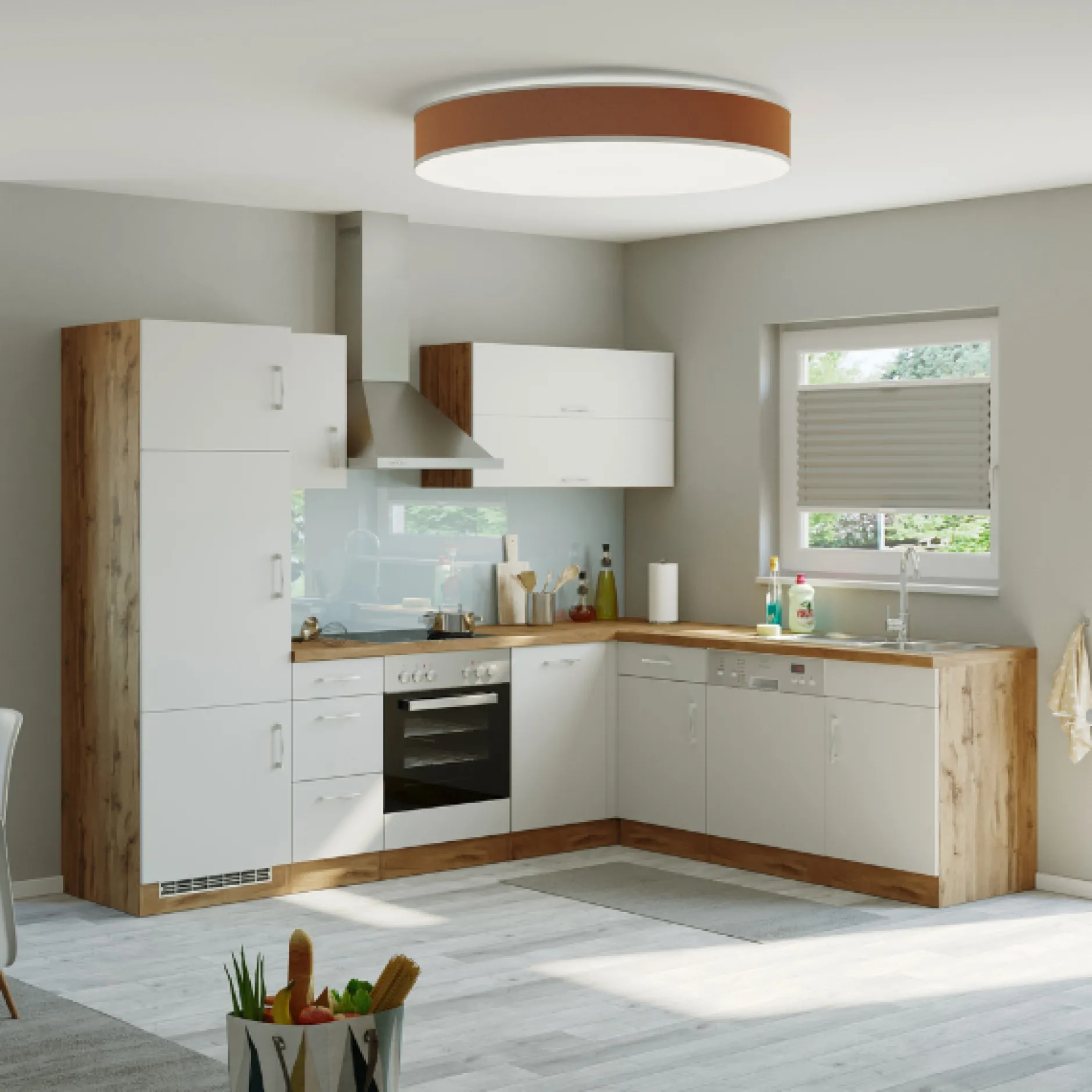 Küchenzeile in L-Form Sorrella 270cm mit Platz für Backofen, Geschirrspüler und Kühlschrank - weiß/Eiche