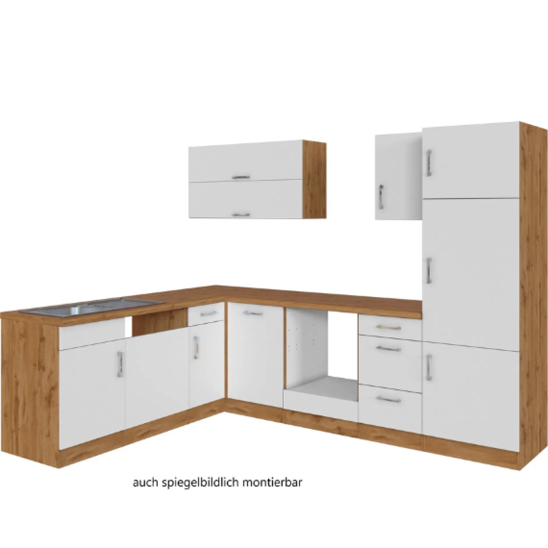 Küchenzeile in L-Form Sorrella 270cm mit Platz für Backofen, Geschirrspüler und Kühlschrank - weiß/Eiche