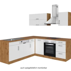 Küchenzeile in L-Form Sorrella 210cm mit Backofen und Geschirrspüler - weiß/Eiche