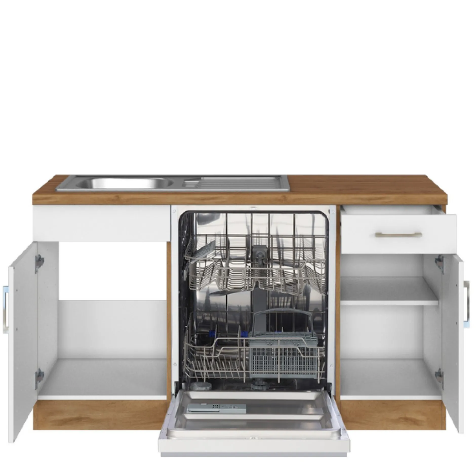 Küchenzeile in L-Form Sorrella 210cm mit Backofen und Geschirrspüler - weiß/Eiche