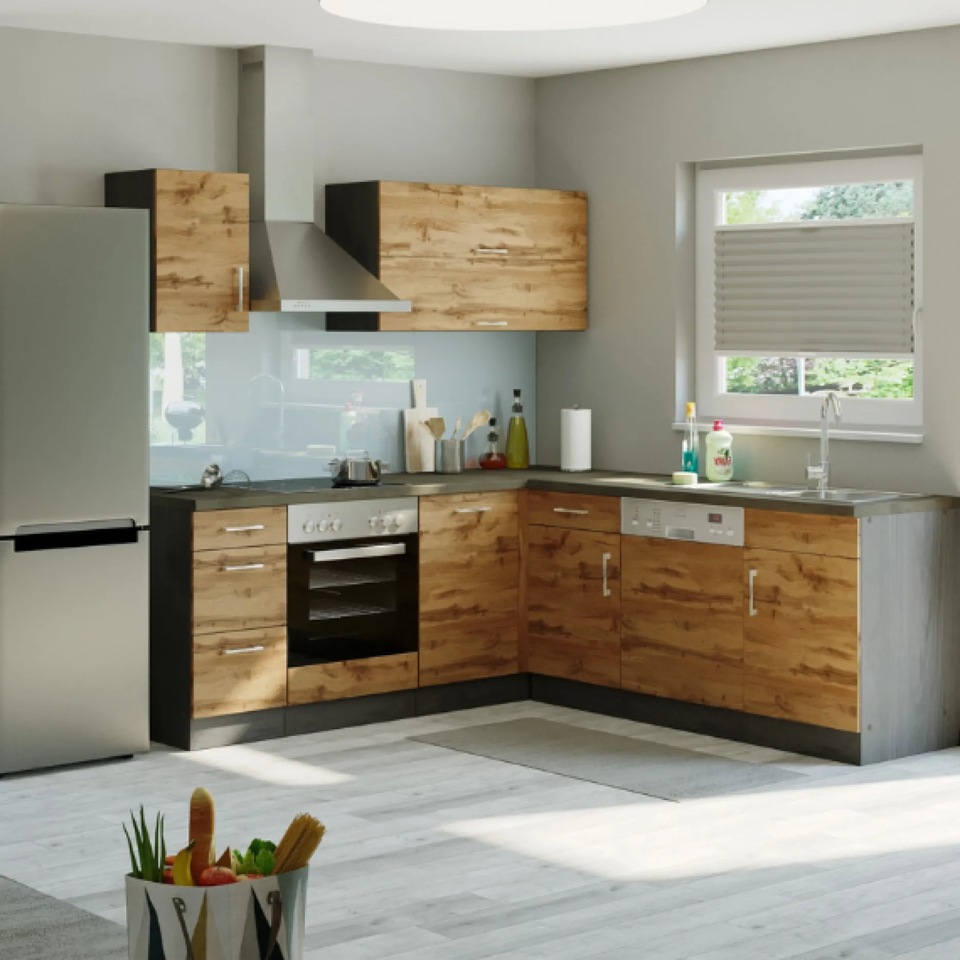 Küchenzeile in L-Form Sorrella 210cm mit Platz für Backofen und Geschirrspüler - Eiche/Graphit