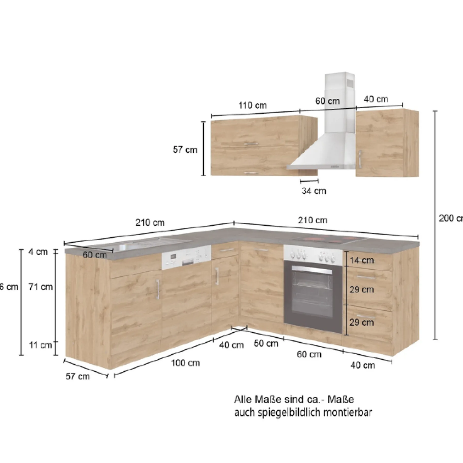 Küchenzeile in L-Form Sorrella 210cm mit Platz für Backofen und Geschirrspüler - Eiche/Graphit
