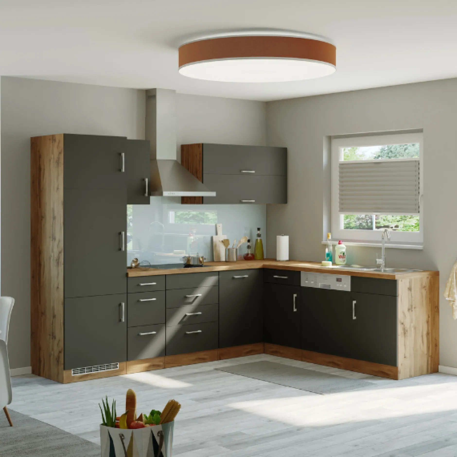 Küchenzeile in L-Form Sorrella 270cm mit Platz für Backofen, Geschirrspüler und Kühlschrank - anthrazit/ocker