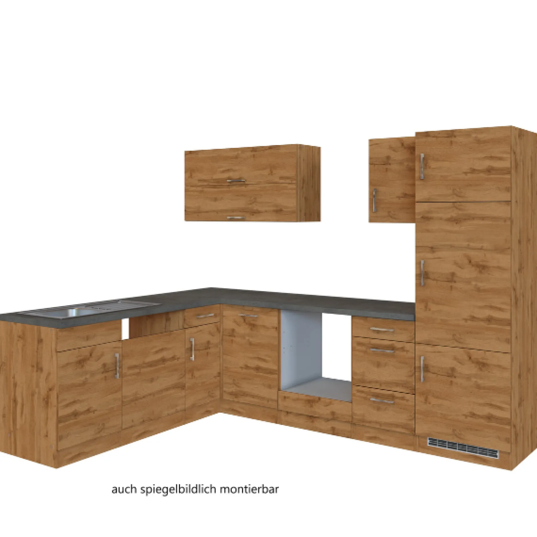 Küchenzeile in L-Form Sorrella 270cm mit Platz für Backofen, Geschirrspüler und Kühlschrank - Eiche
