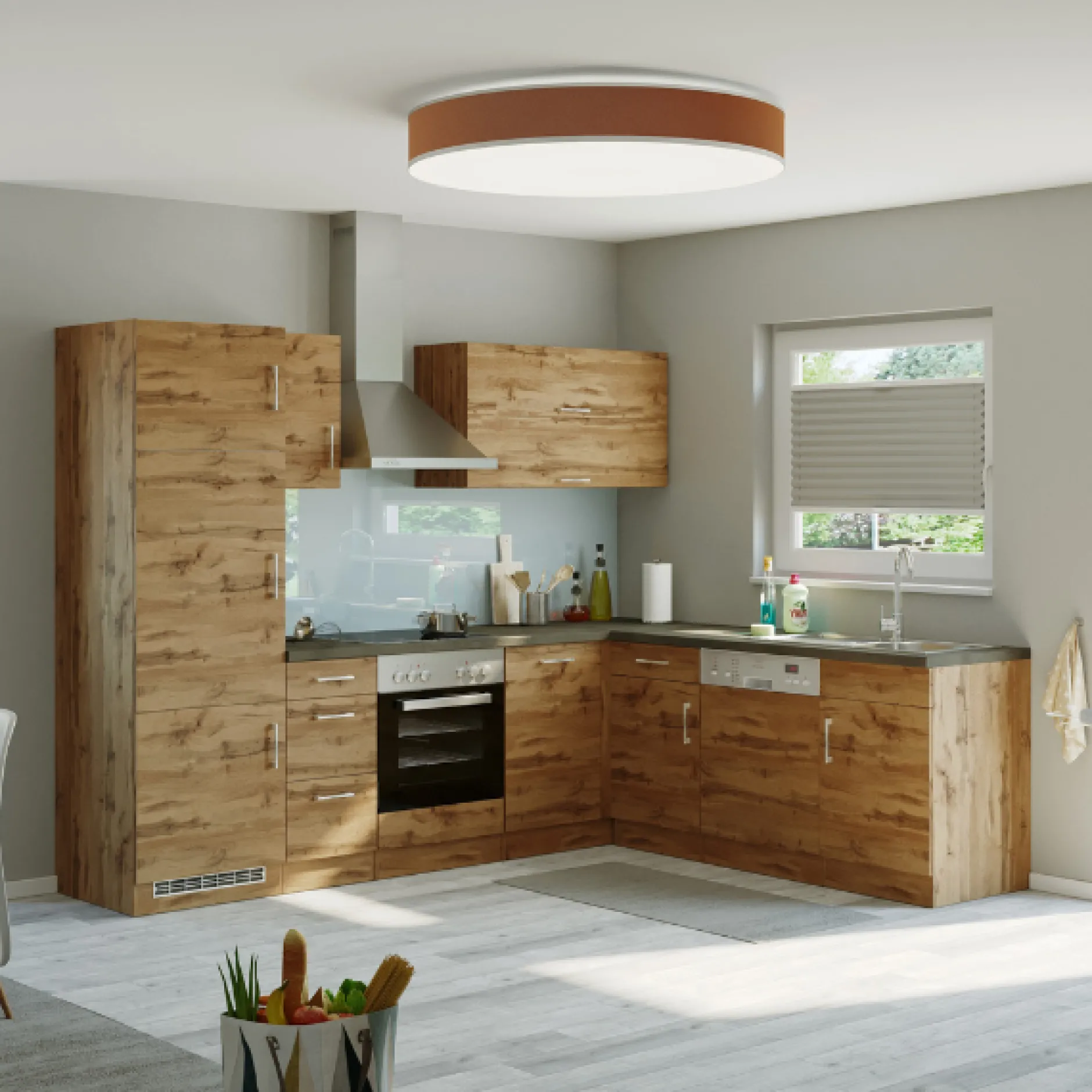 Küchenzeile in L-Form Sorrella 270cm mit Platz für Backofen, Geschirrspüler und Kühlschrank - Eiche
