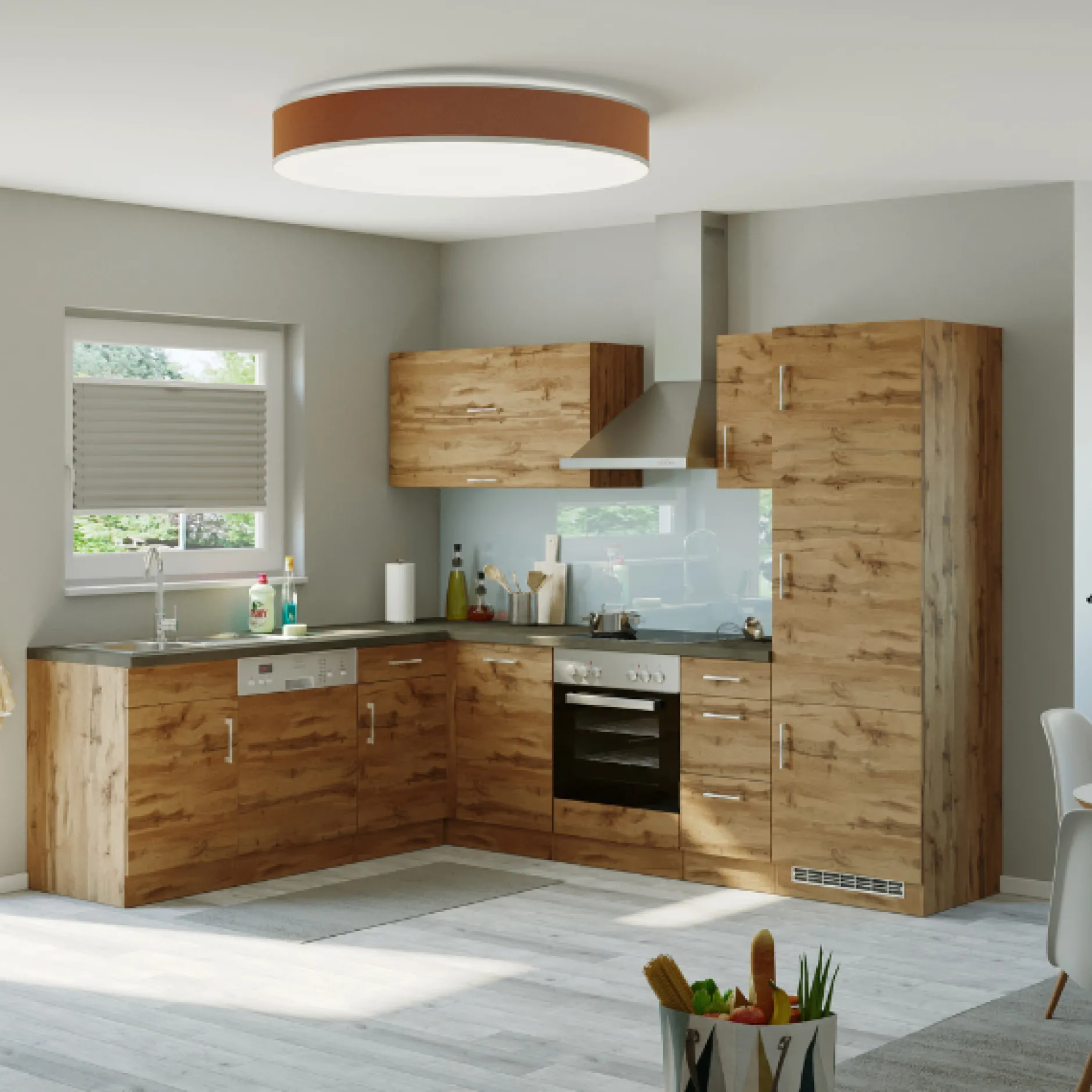 Küchenzeile in L-Form Sorrella 270cm mit Platz für Backofen, Geschirrspüler und Kühlschrank - Eiche