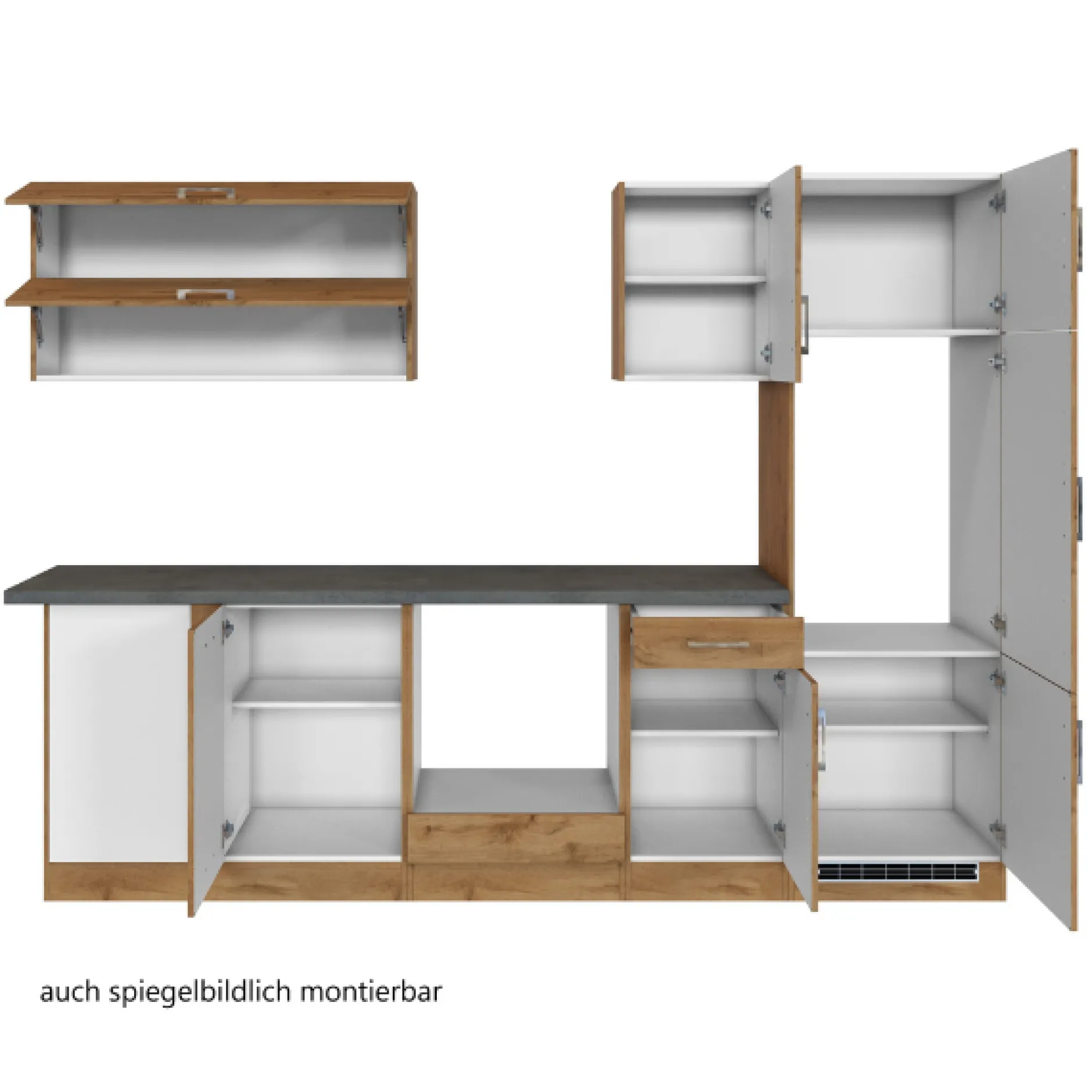 Küchenzeile in L-Form Sorrella 270cm mit Platz für Backofen, Geschirrspüler und Kühlschrank - Eiche