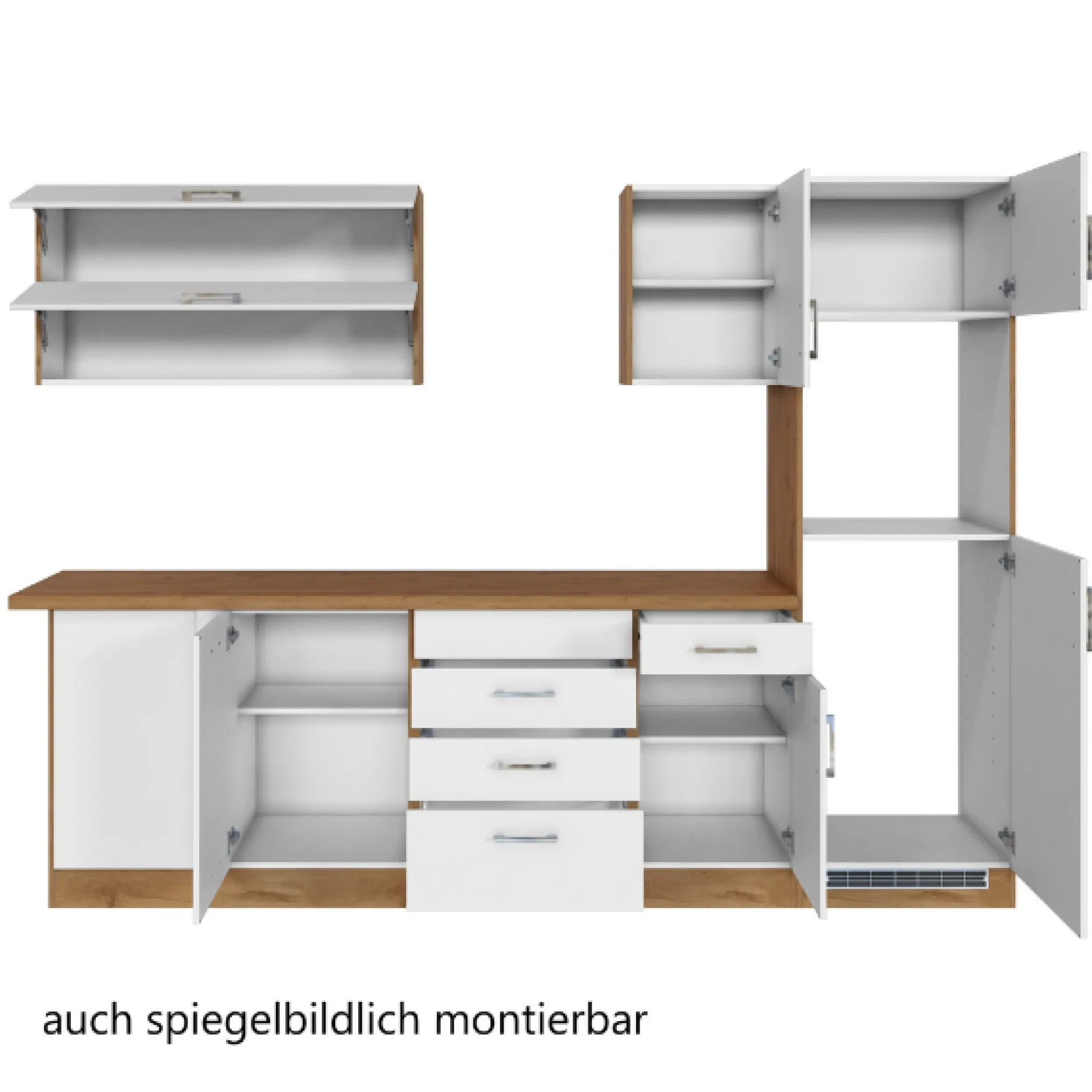 Küchenzeile in L-Form Sorrella 270cm mit Platz für Backofen, Geschirrspüler und Kühlschrank - weiß/Eiche