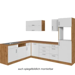 Küchenzeile in L-Form Sorrella 270cm mit Platz für Backofen, Geschirrspüler und Kühlschrank - weiß/Eiche