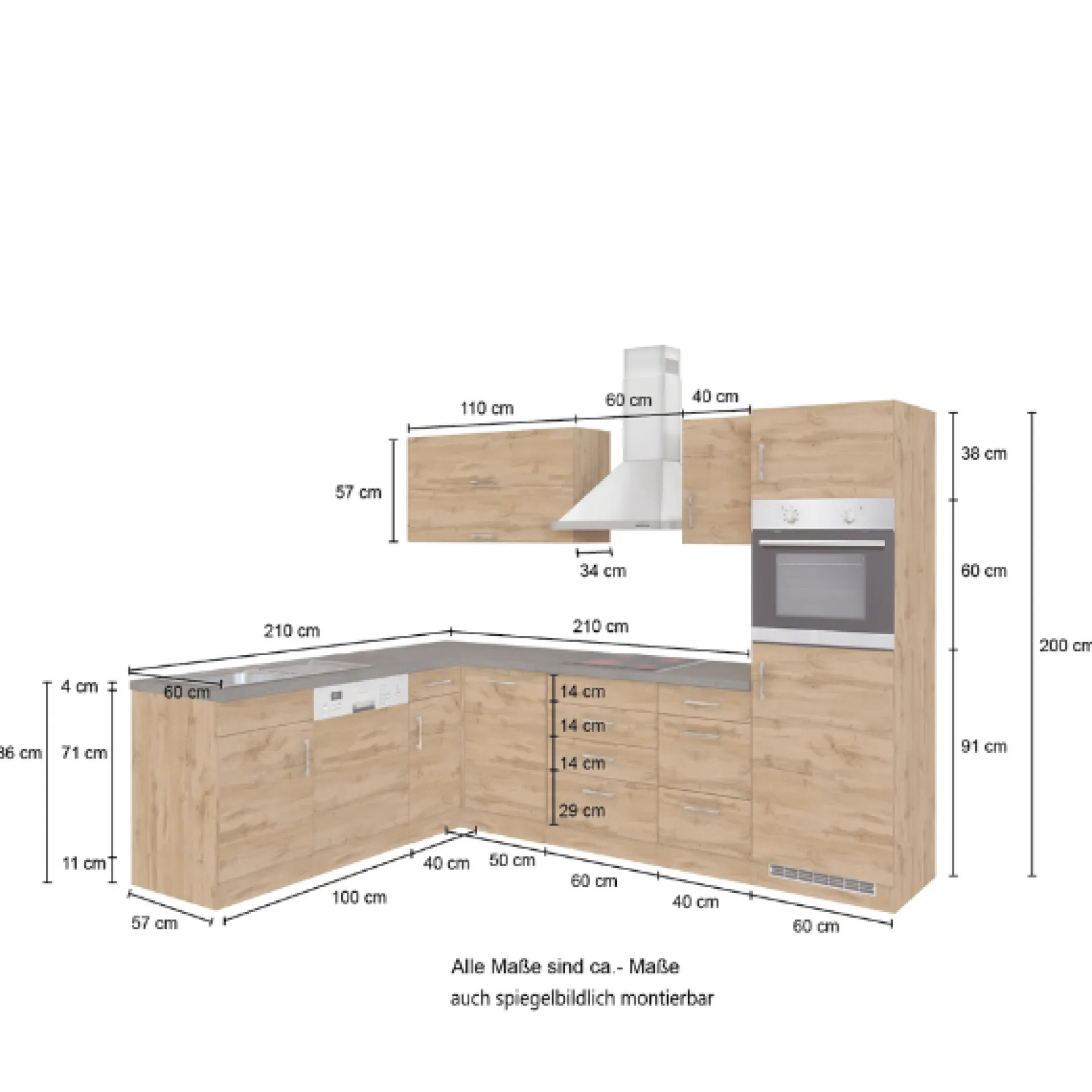 Küchenzeile in L-Form Sorrella 270cm mit Platz für Backofen, Geschirrspüler und Kühlschrank - anthrazit/ocker