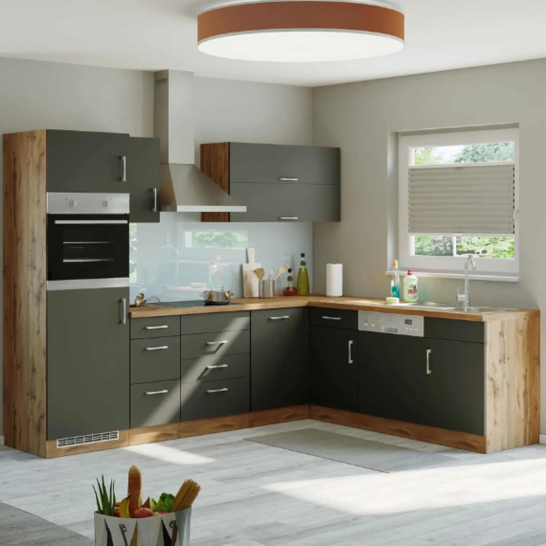Küchenzeile in L-Form Sorrella 270cm mit Platz für Backofen, Geschirrspüler und Kühlschrank - anthrazit/ocker