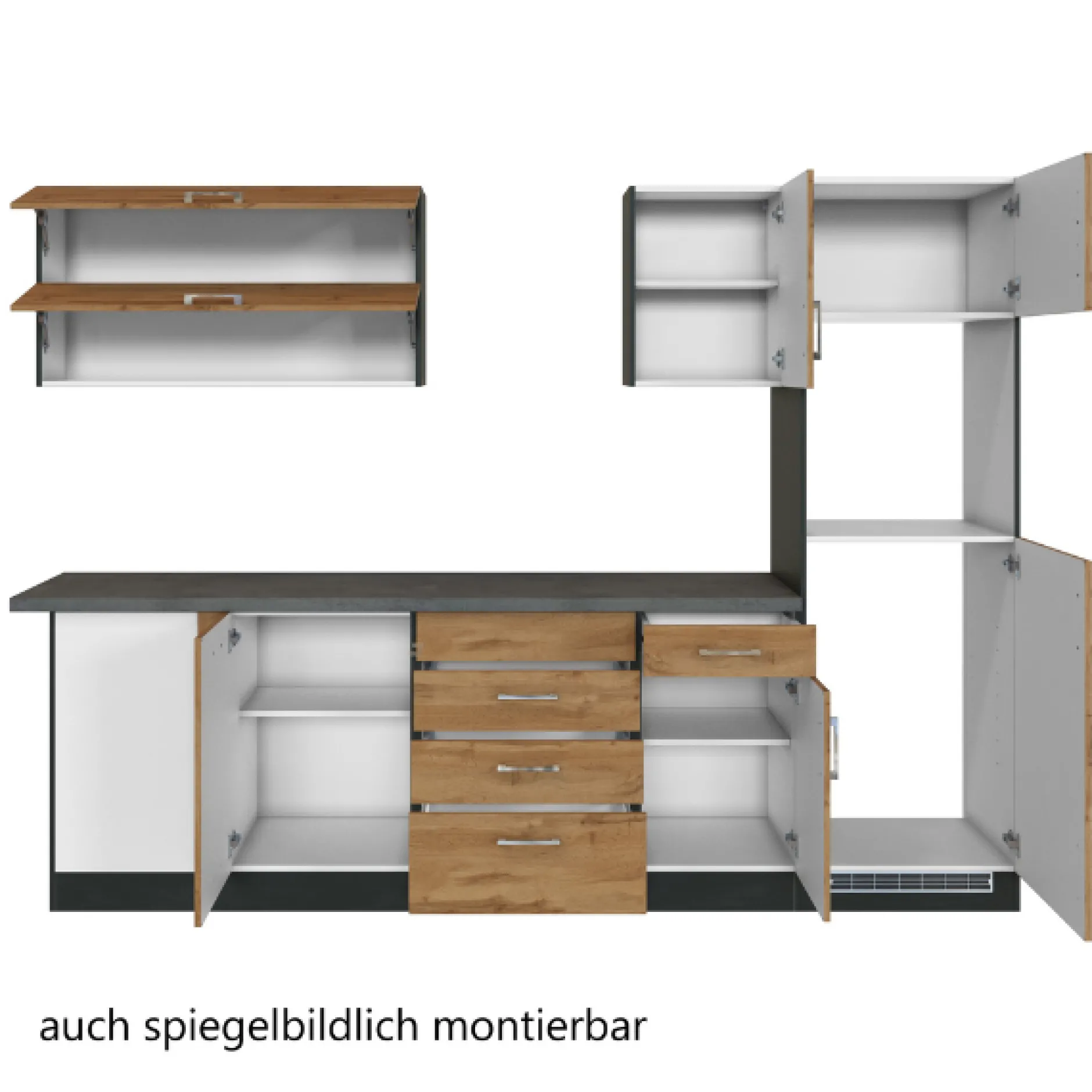 Küchenzeile in L-Form Sorrella 270cm mit Platz für Backofen, Geschirrspüler und Kühlschrank - Eiche/Graphit