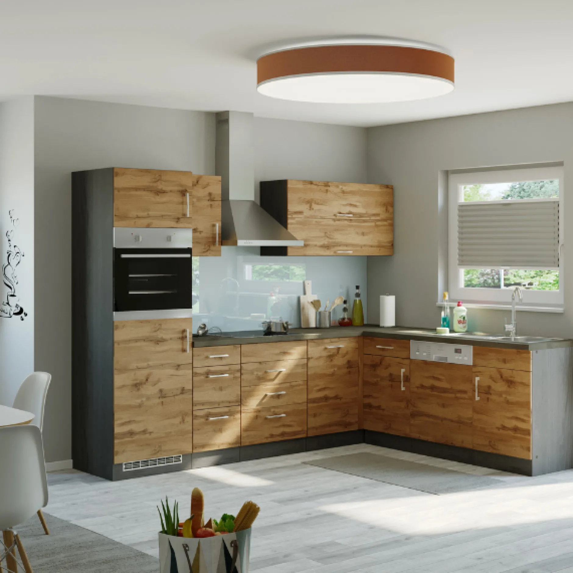 Küchenzeile in L-Form Sorrella 270cm mit Platz für Backofen, Geschirrspüler und Kühlschrank - Eiche/Graphit