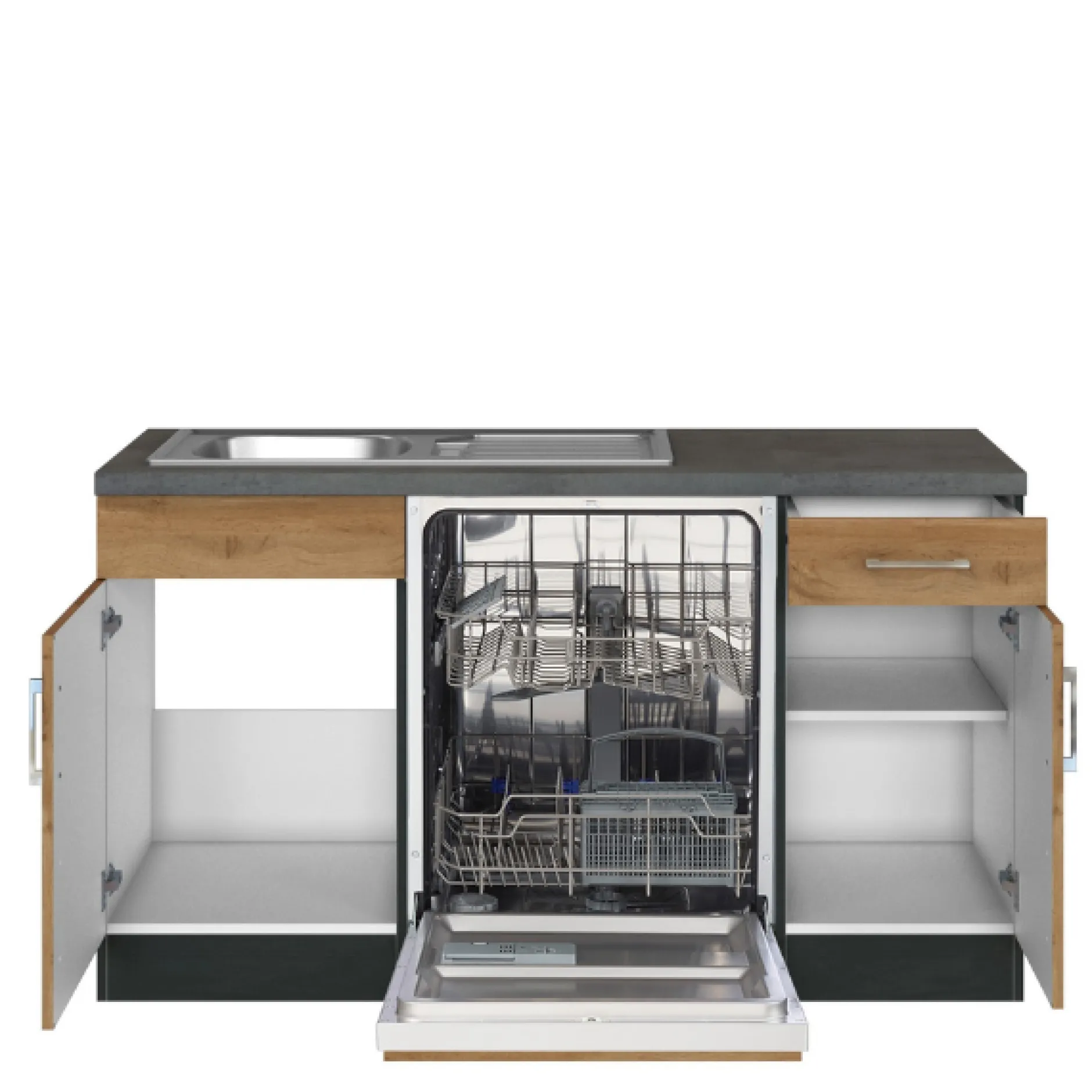 Küchenzeile in L-Form Sorrella 210cm mit Backofen und Geschirrspüler - Eiche/Graphit