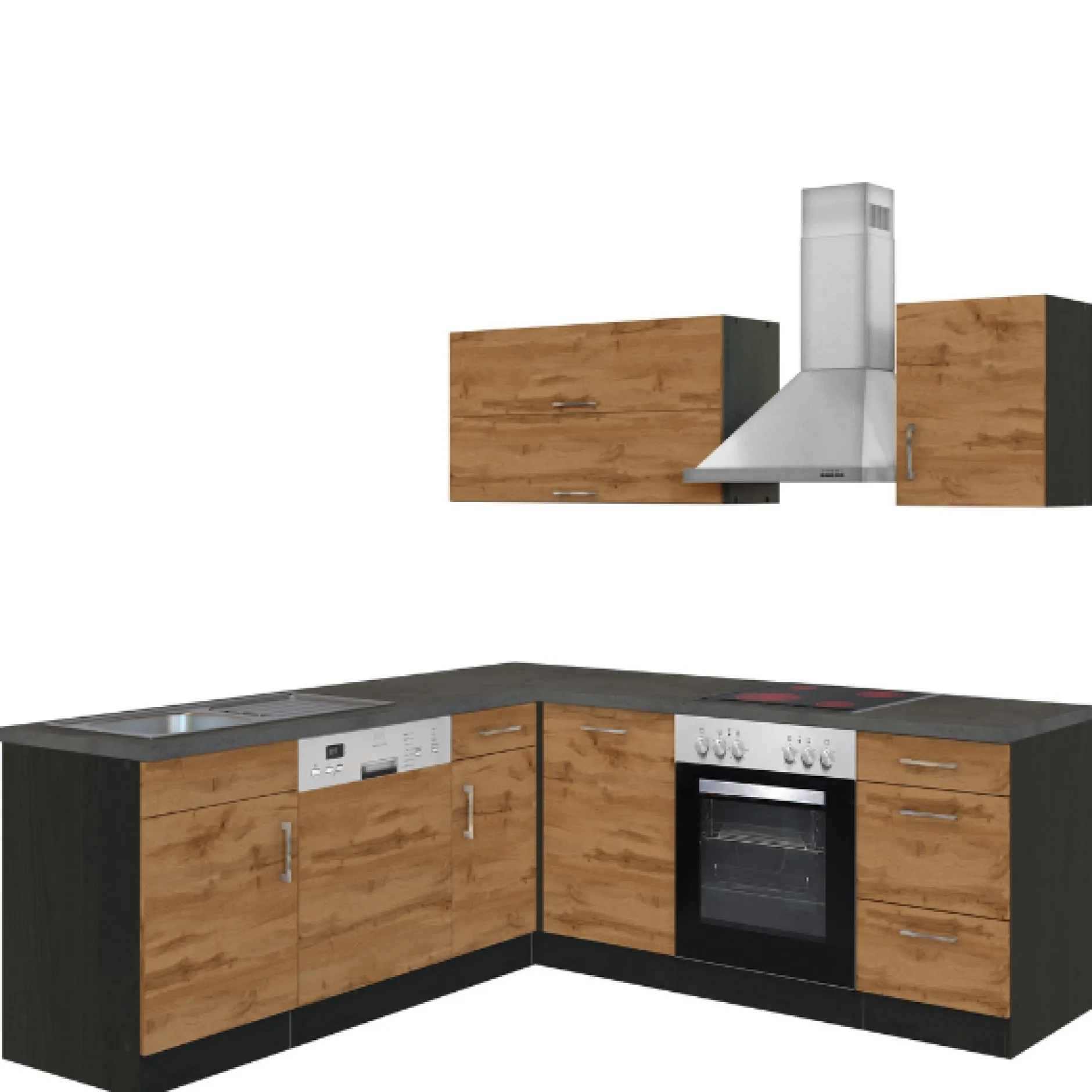 Küchenzeile in L-Form Sorrella 210cm mit Backofen und Geschirrspüler - Eiche/Graphit