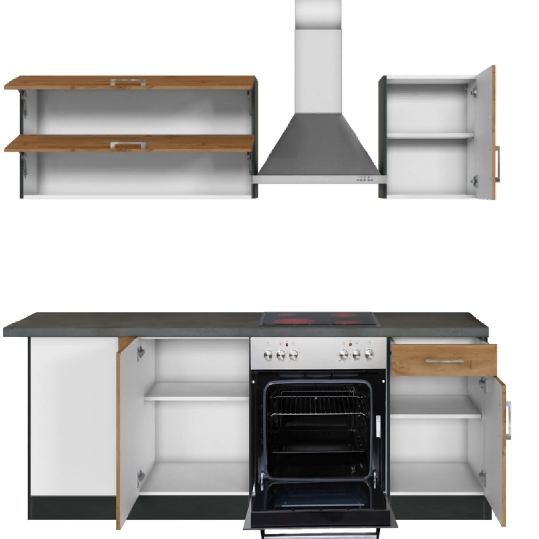 Küchenzeile in L-Form Sorrella 210cm mit Backofen und Geschirrspüler - Eiche/Graphit