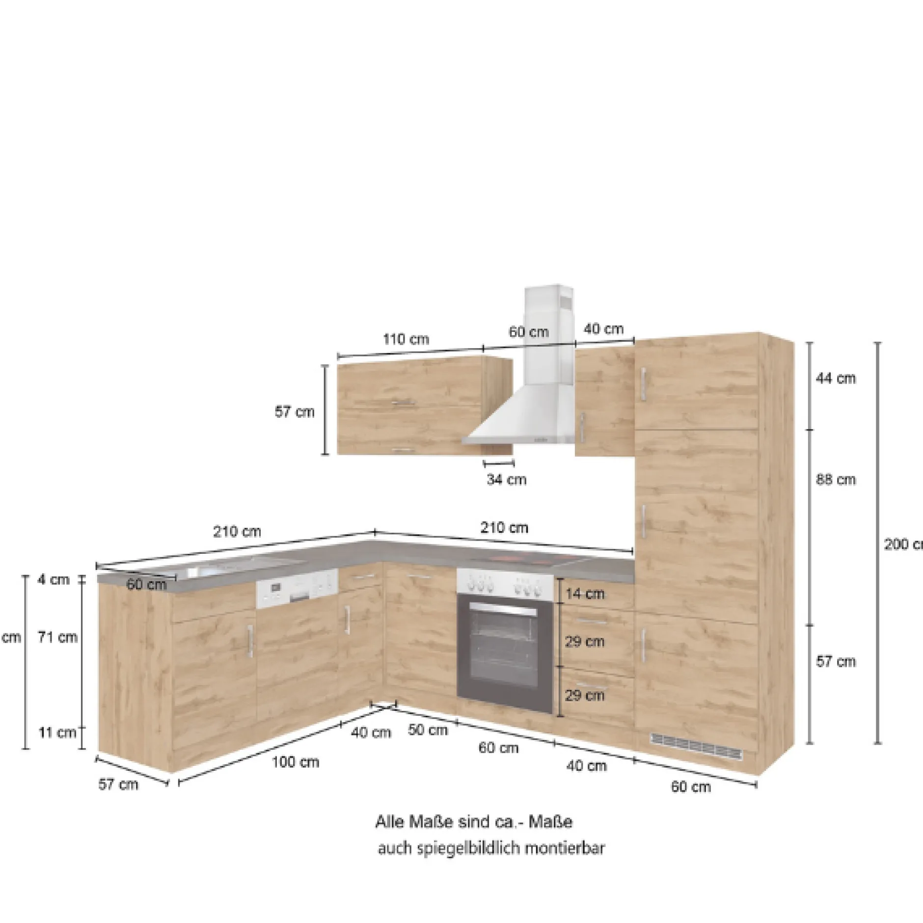 Küchenzeile in L-Form Sorrella 270cm mit Backofen, Geschirrspüler und Kühlschrank - weiß/Eiche