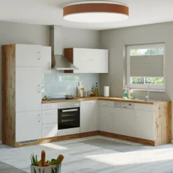 Küchenzeile in L-Form Sorrella 270cm mit Backofen, Geschirrspüler und Kühlschrank - weiß/Eiche