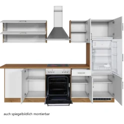 Küchenzeile in L-Form Sorrella 270cm mit Backofen, Geschirrspüler und Kühlschrank - weiß/Eiche