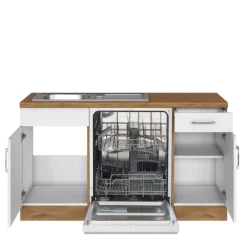 Küchenzeile in L-Form Sorrella 270cm mit Backofen, Geschirrspüler und Kühlschrank - weiß/Eiche